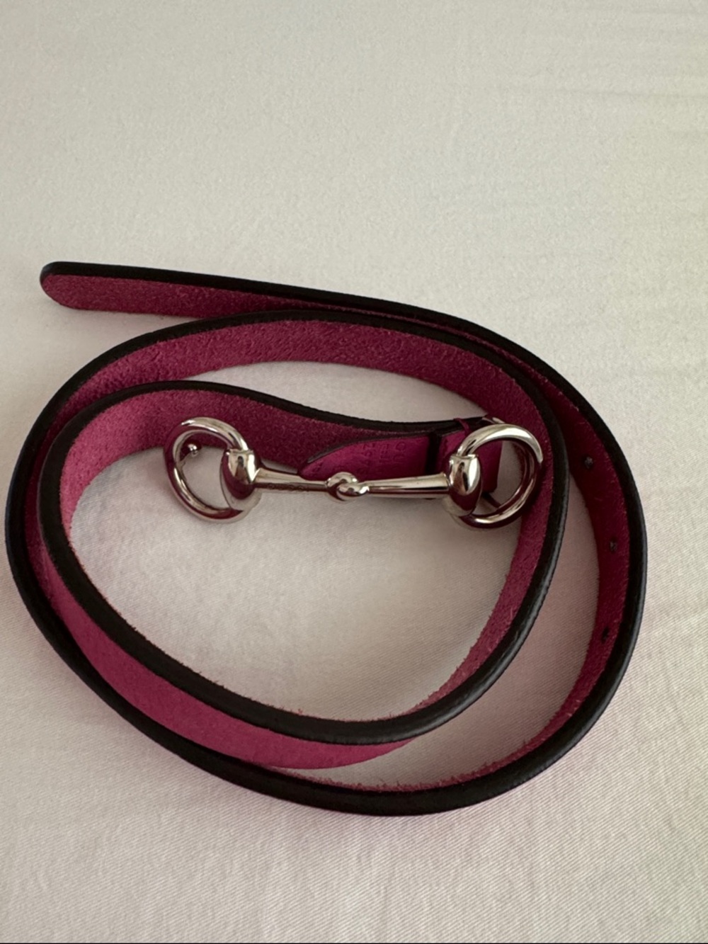 Gucci Magenta Skinny Leather Belt with Silver Horsebit